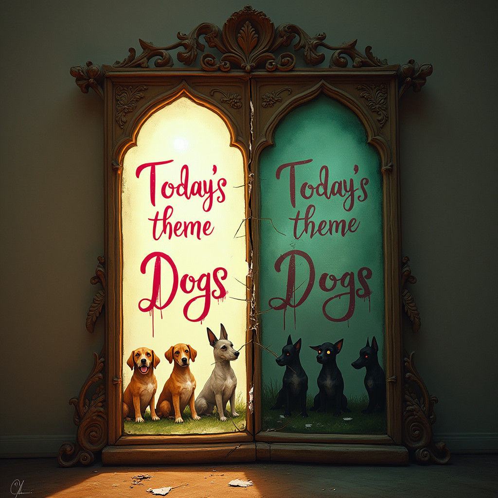 Ornate Mirror Reflects Dogs in Contrasting Styles