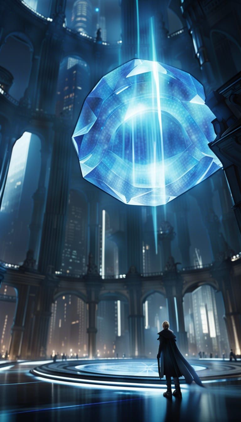 Final Fantasy, enormous, beautiful natural crystal suspended in middle of huge circular room, size of skyscraper, force ...