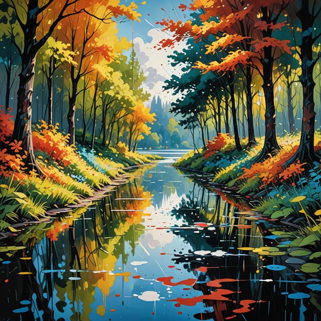 Surreal Lake Shore Scene in High Contrast Graffiti Style