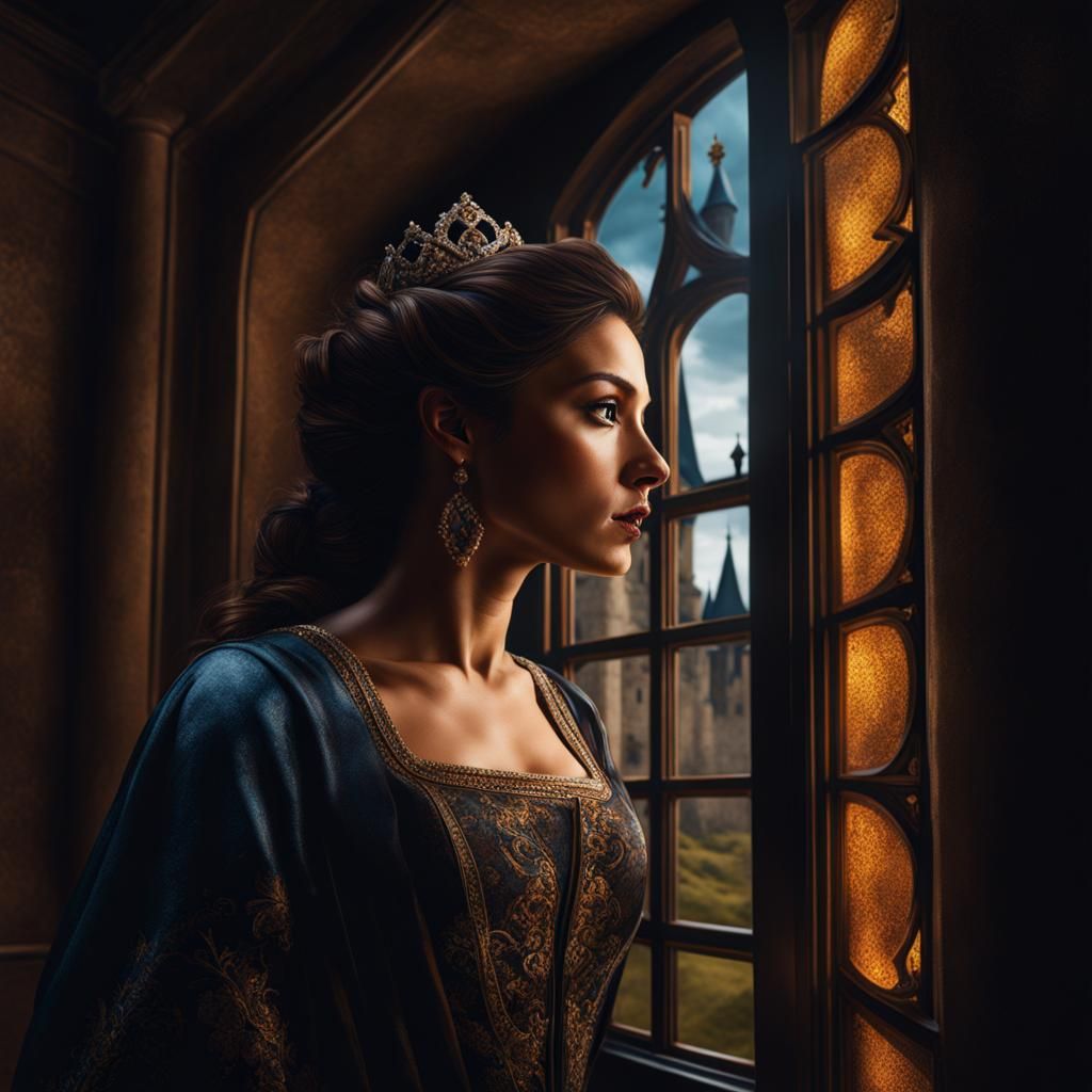 Woman Emerges from Castle Window in Splash Art