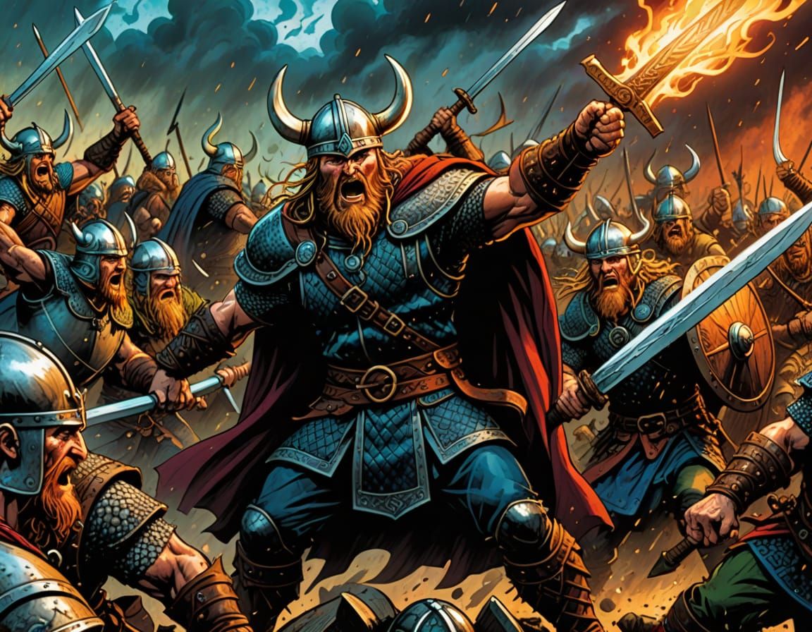 Viking Battle Scene in Comic Book Style