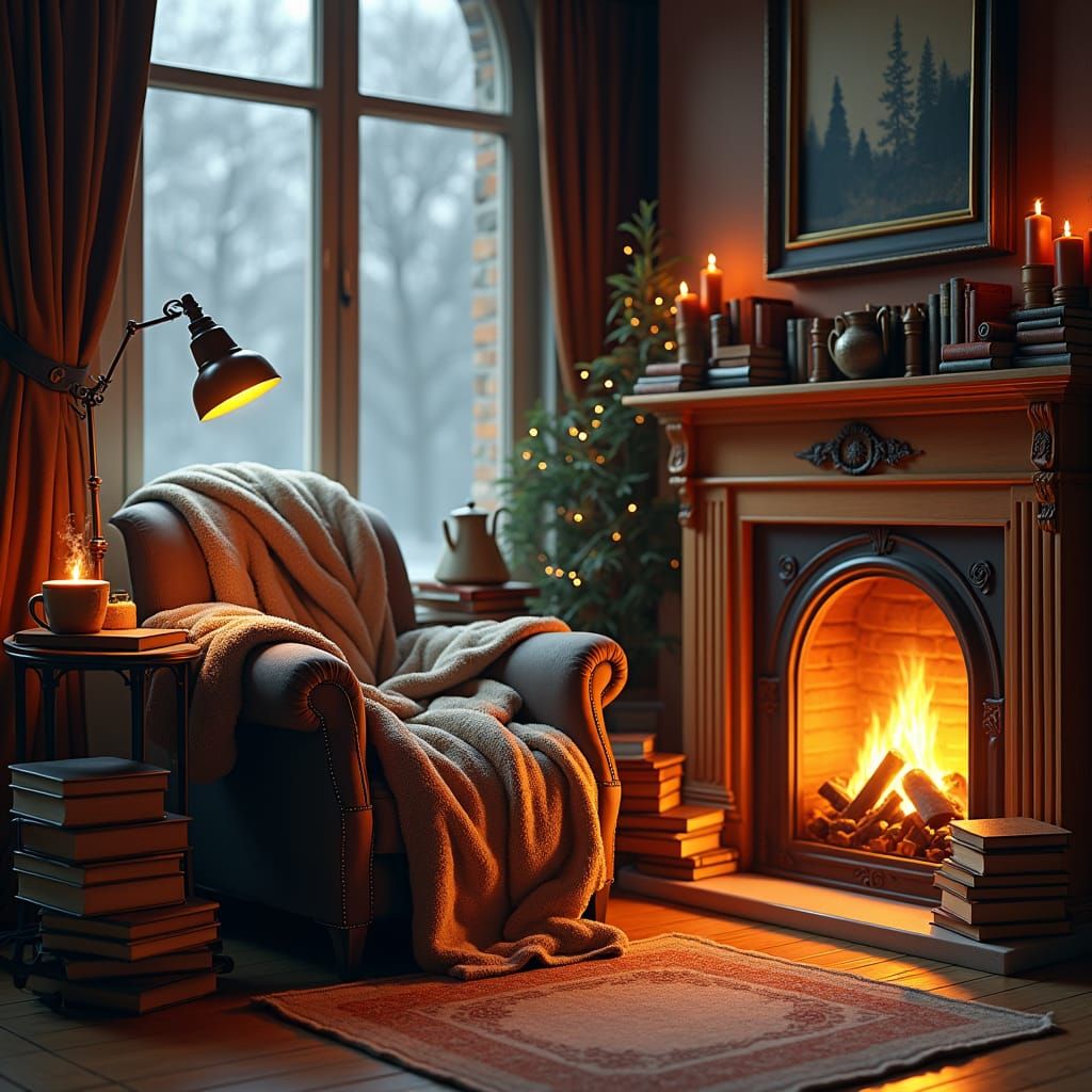 Cozy Book Nook with Fireplace in Fantasy Style