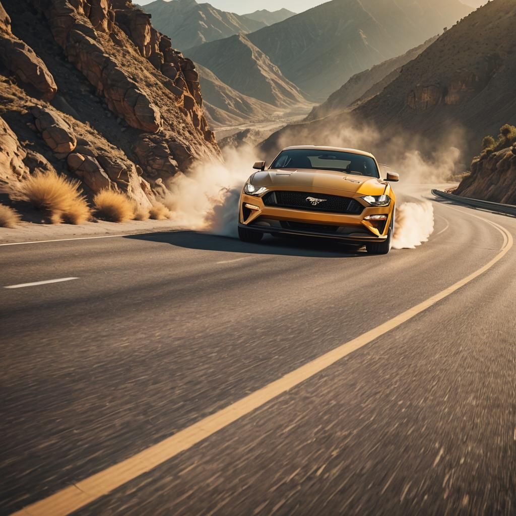 Ford Mustang Drifting on a Scenic Road at Sunset
