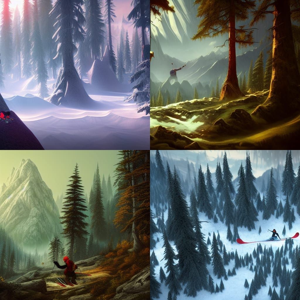 Fantasy Forest and Mountains with Skier in Matte Painting St...