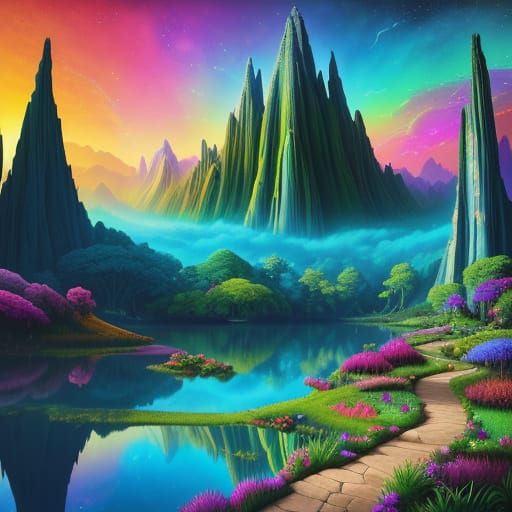 Surreal Magical Landscape with Mountains and Lake