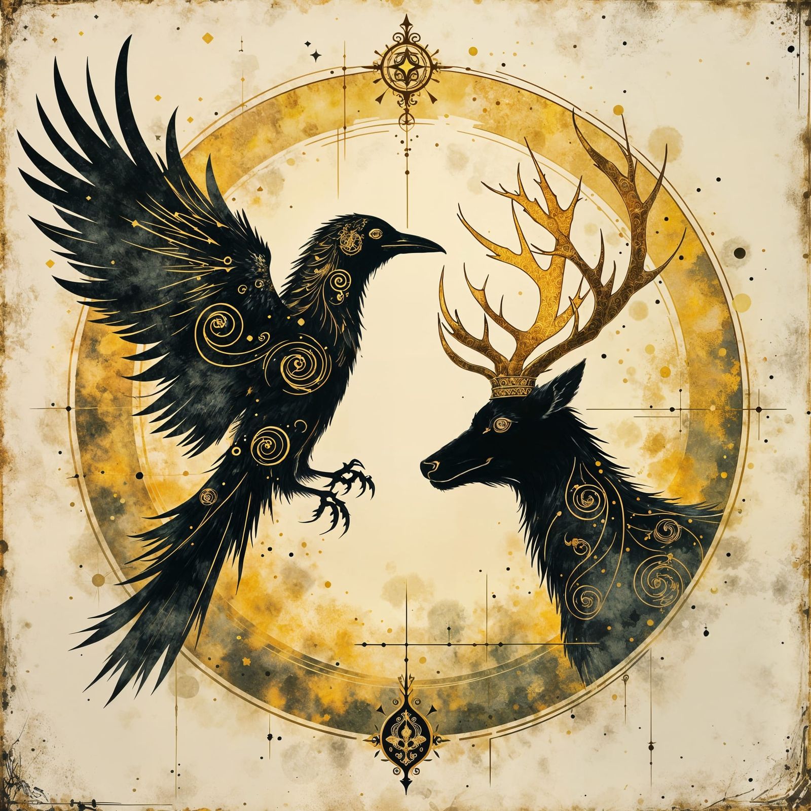 Raven and Deer in Etherglyph Reverence Style