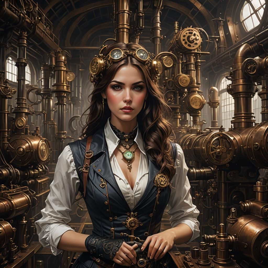 Steampunk Woman in Gothic Engine Room