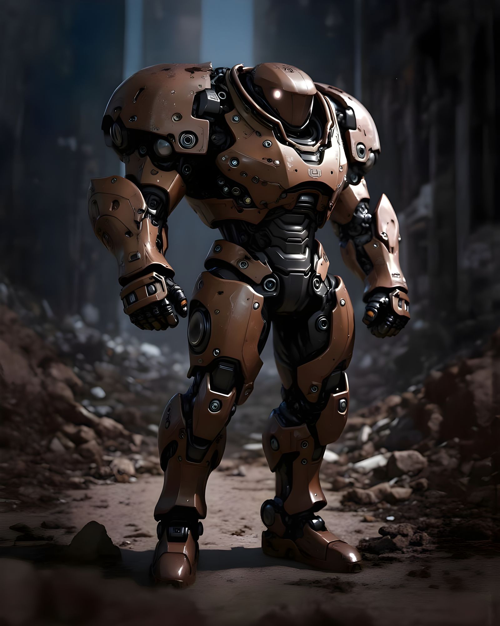 Powered Armor Amidst Rubble in Neo-Cyberpunk Style
