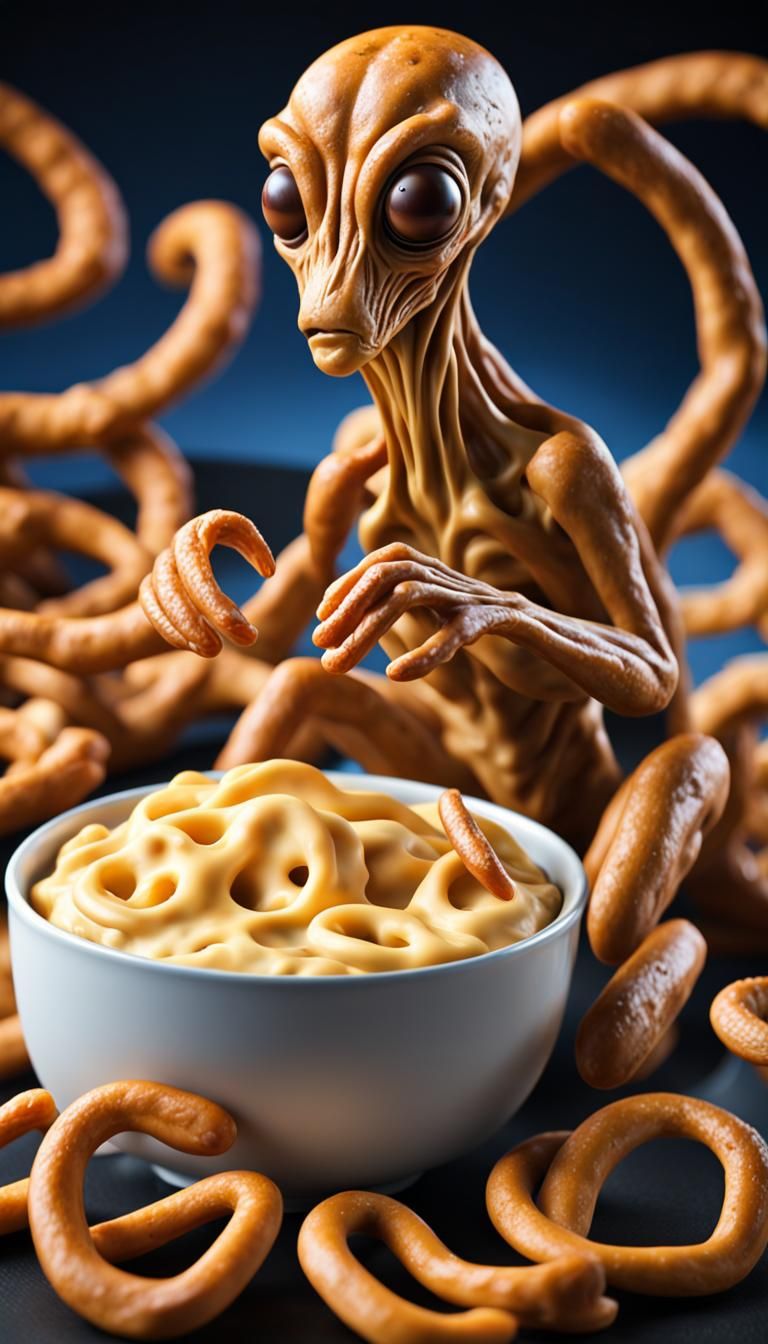 Alien Pretzels in a Cheese Dip World: Sci-Fi 3D Render