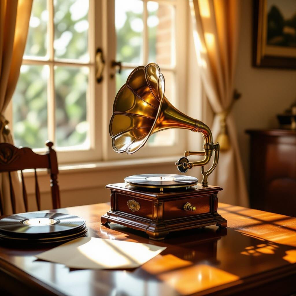 Sunlit Gramophone on Table with Vinyl Records