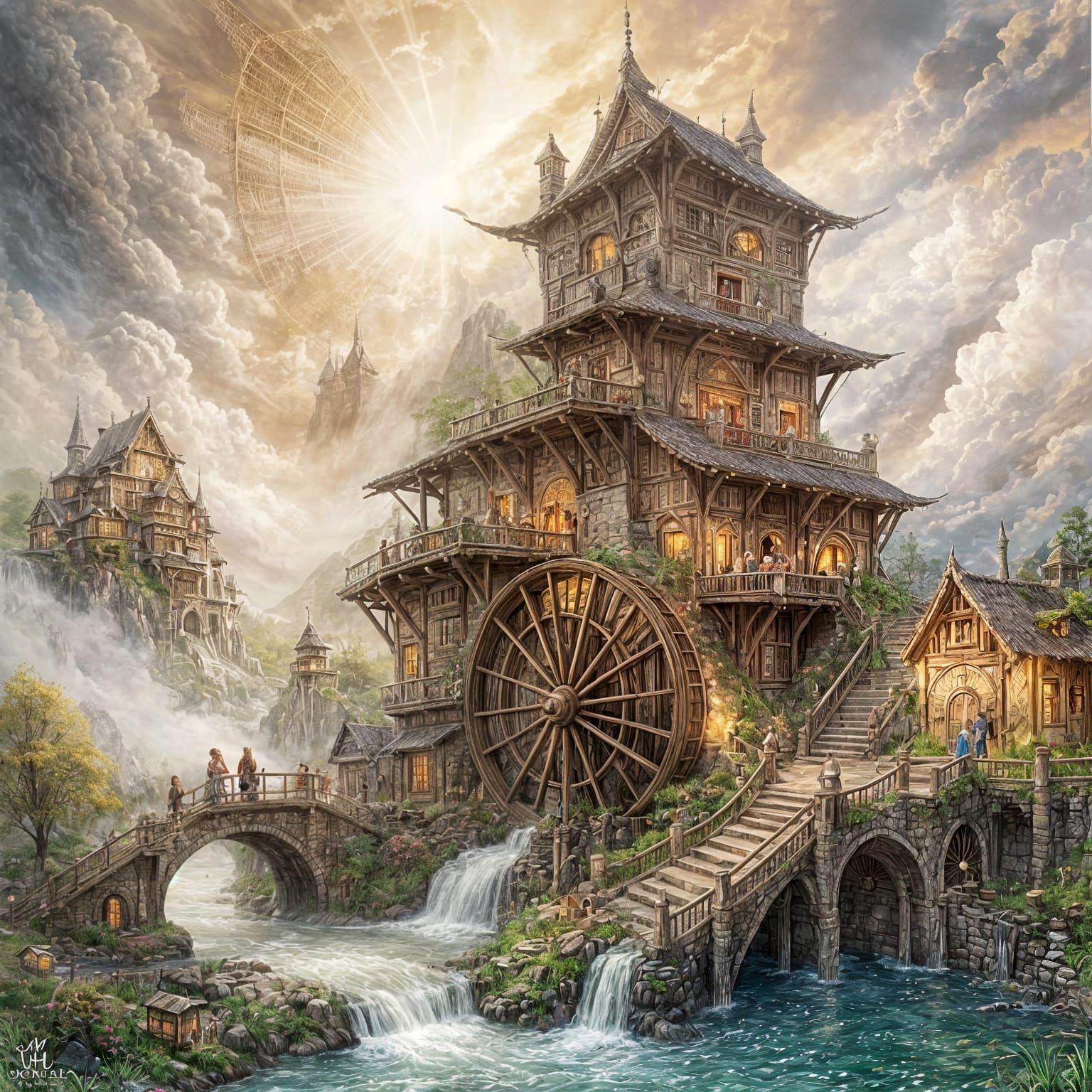 Fantasy Waterwheel Village Illuminated by Soft Light