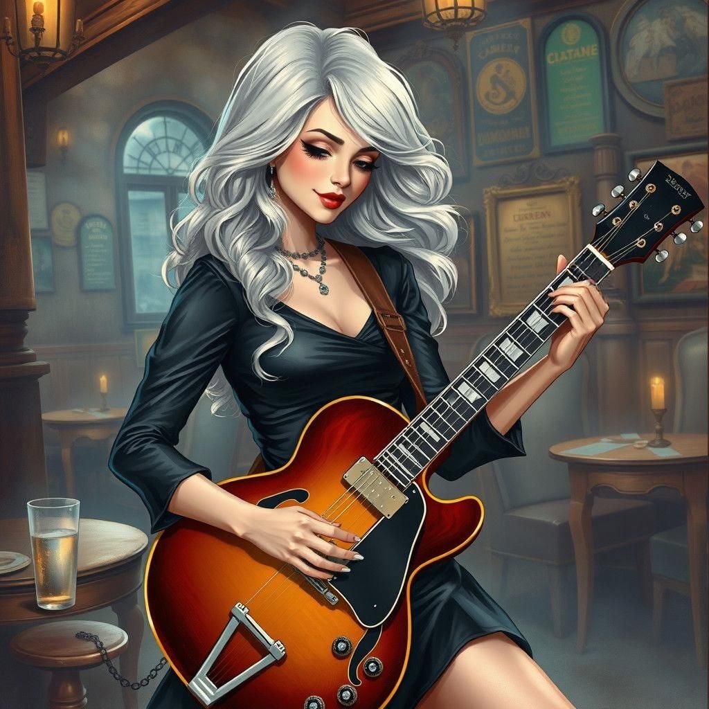 Silver-Haired Woman Plays Guitar in Tavern