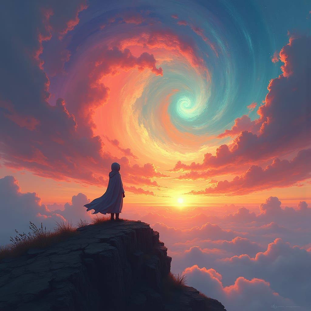 Kaleidoscopic Sunset Reverie: A Figure Gazes at Nature's Spl...