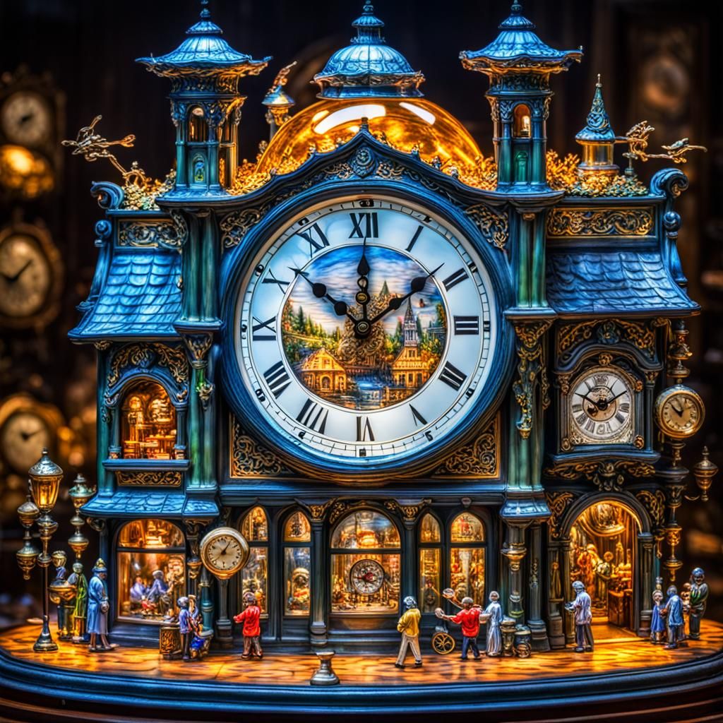 Elaborate Glass Clockwork Glockenspiel with Dancing Puppets