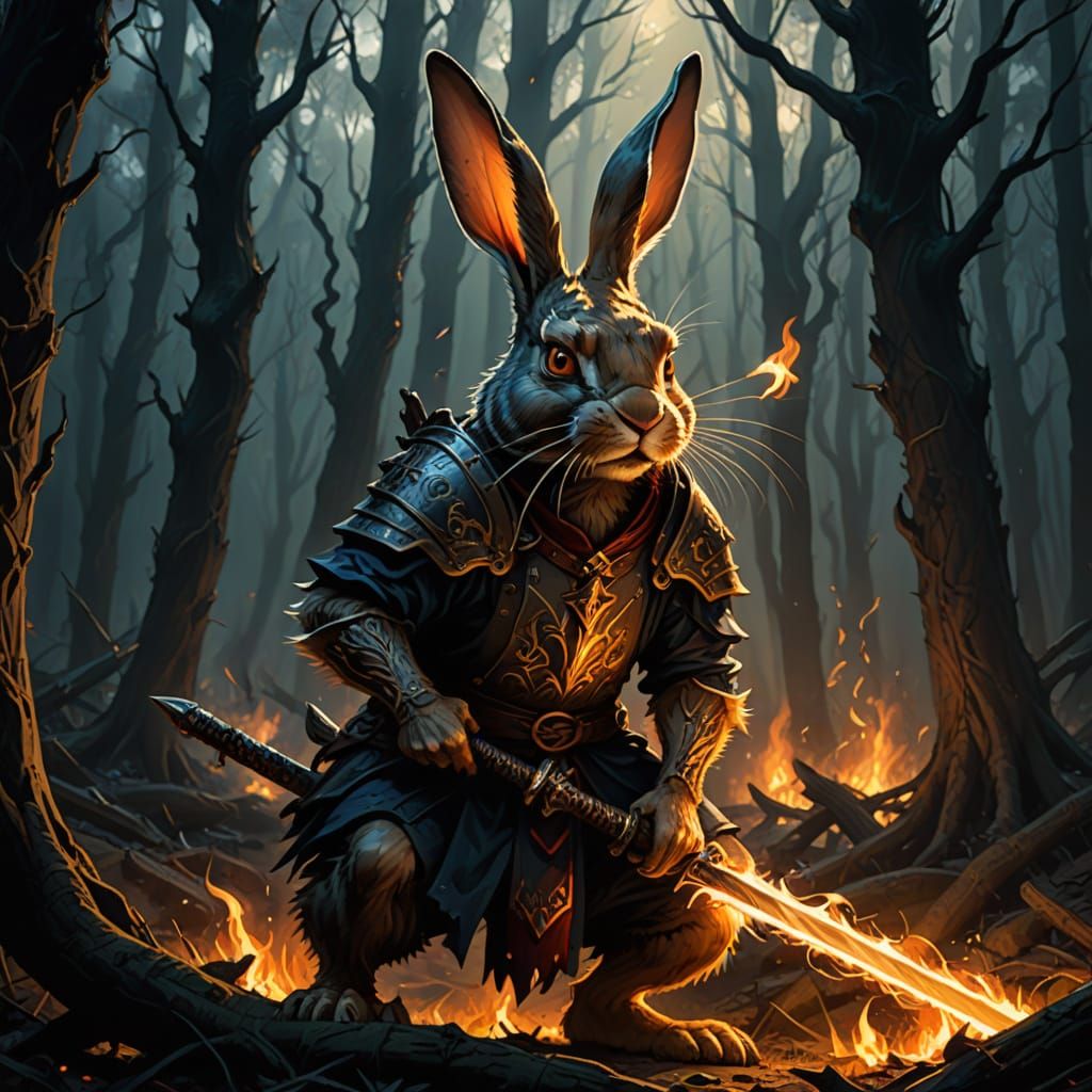 Furious Rabbit Wields Blazing Swords in Mystic Forest
