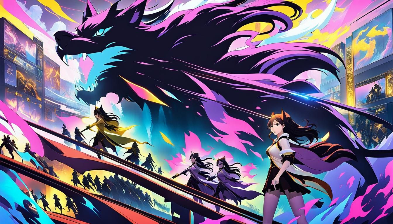 Ethereal Witch Battles Dark Werewolf Horde in Vibrant Anime...