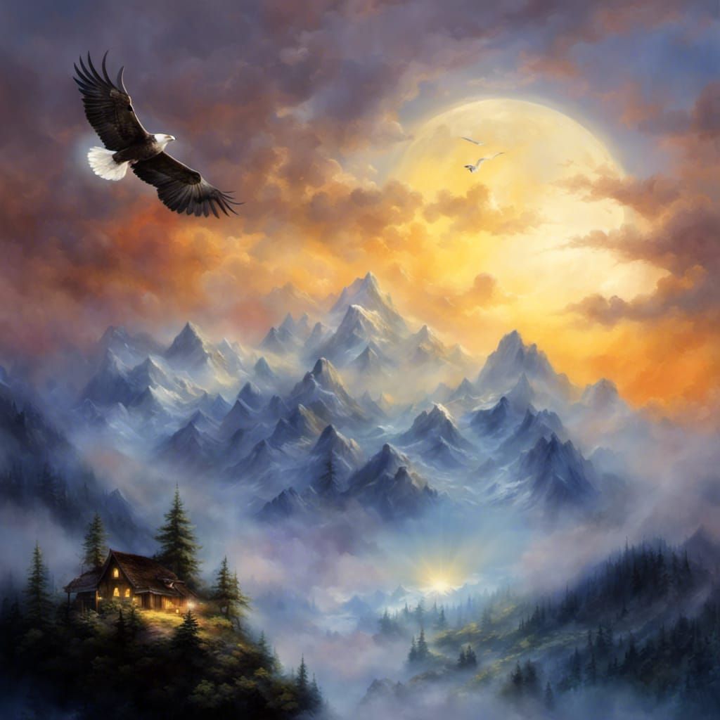 Ethereal Night Mountain Landscape with Eagles