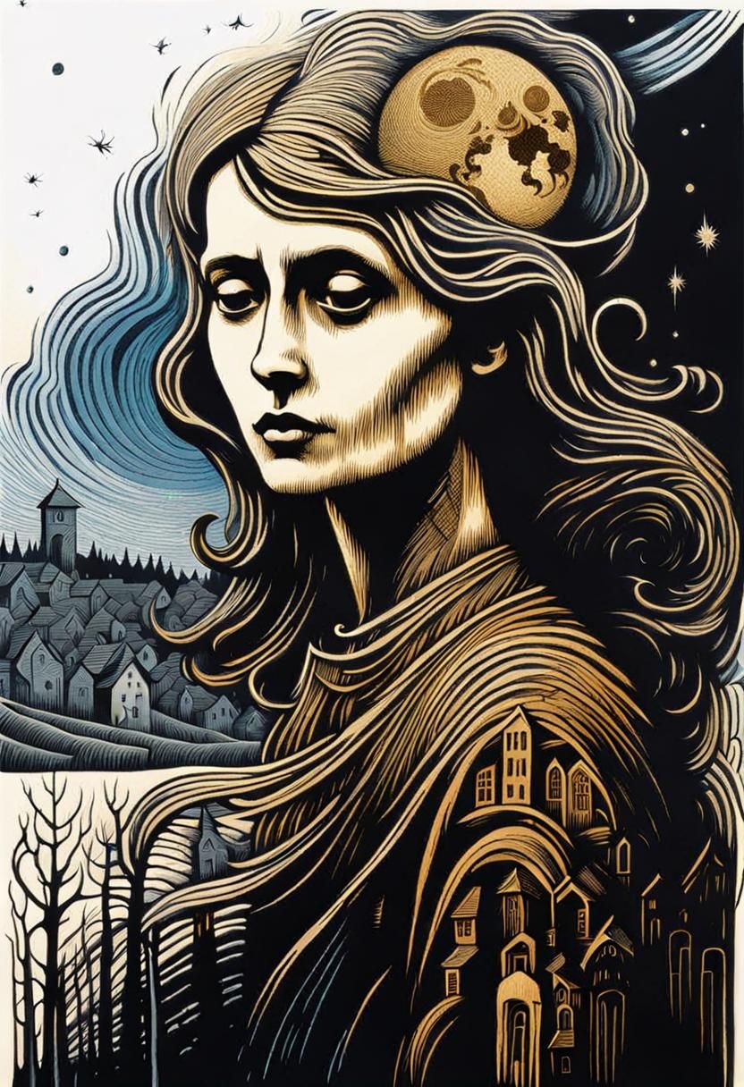 Girl's Double Life: Etched Woodcut Print in Horror Style