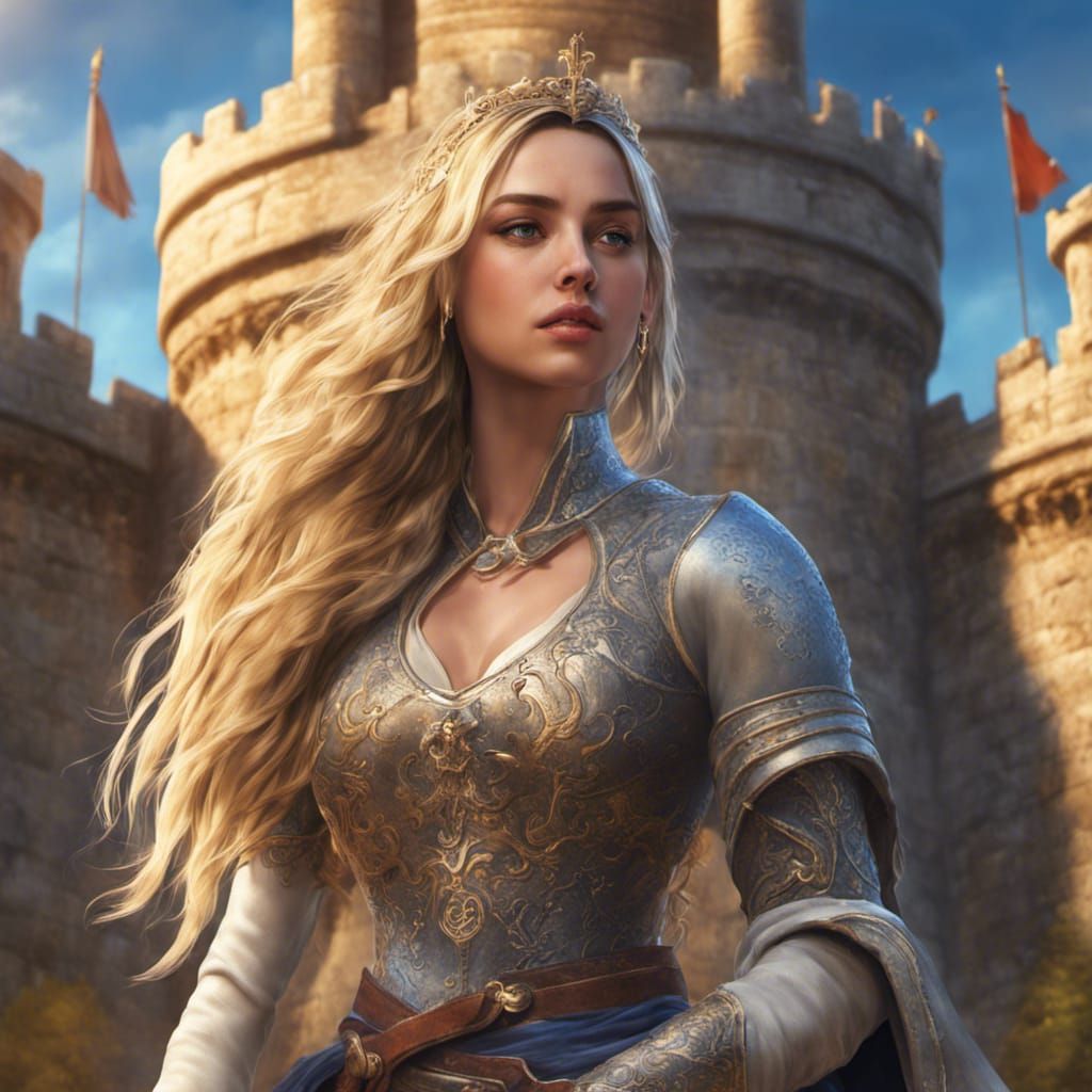 Medieval Queen with Blonde Ponytail: Hyperrealistic Portrait