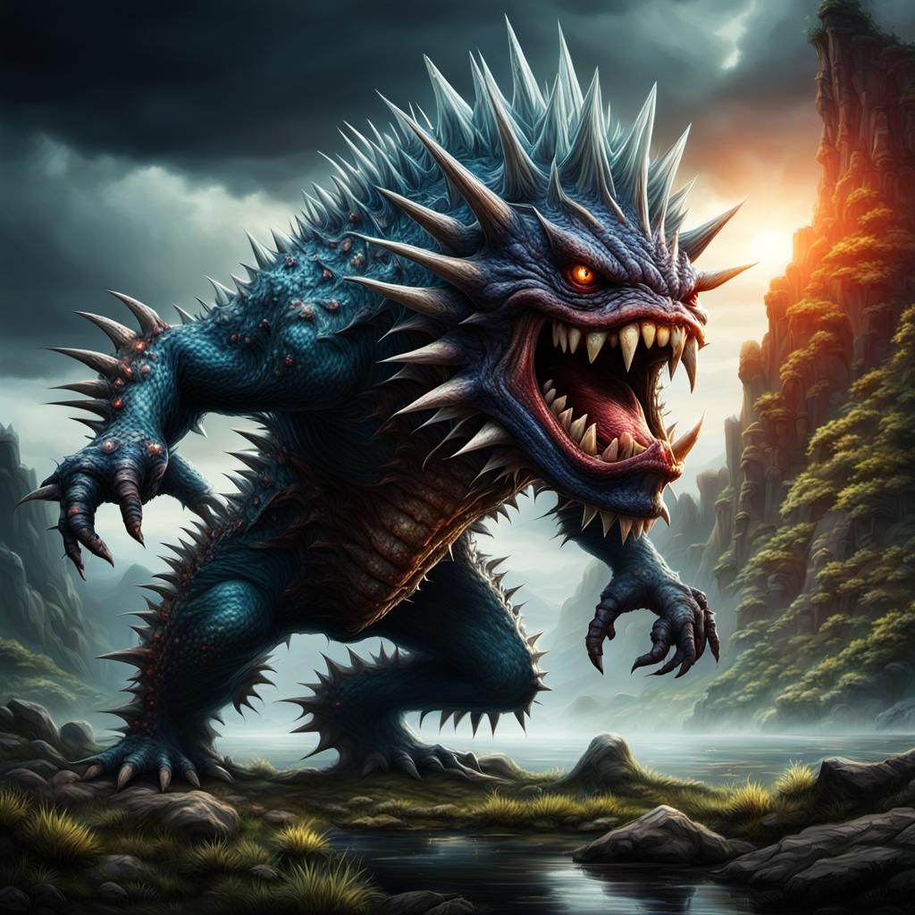 Hyperrealistic Spiky Monster with Huge Mouth