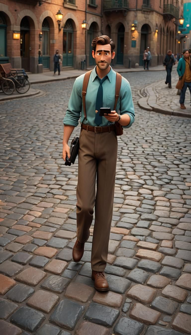 Pixar-Style Man Searches Pocket in Steampunk City