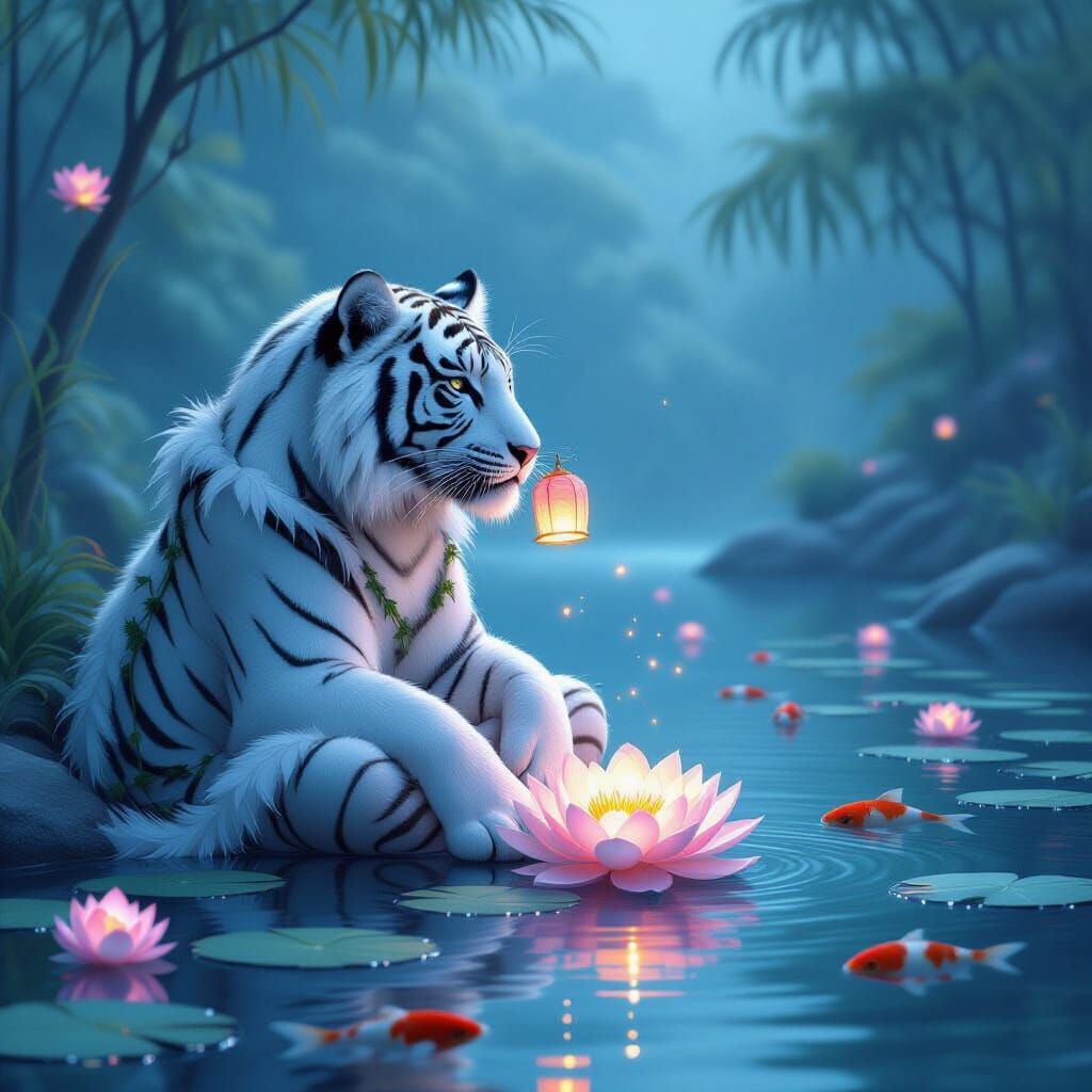 White Tiger Releasing Lotus Lanterns on Pond