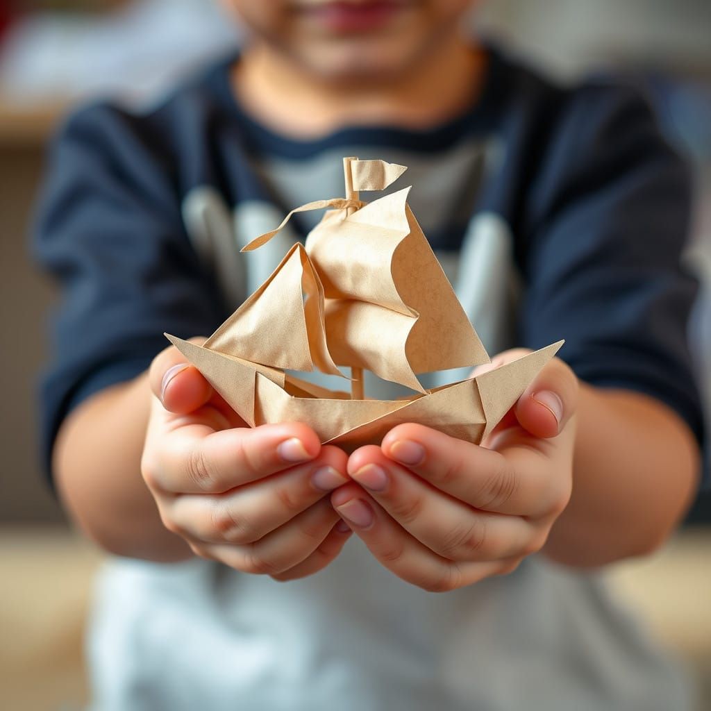 Intricate Origami Ship Held by Small Hands
