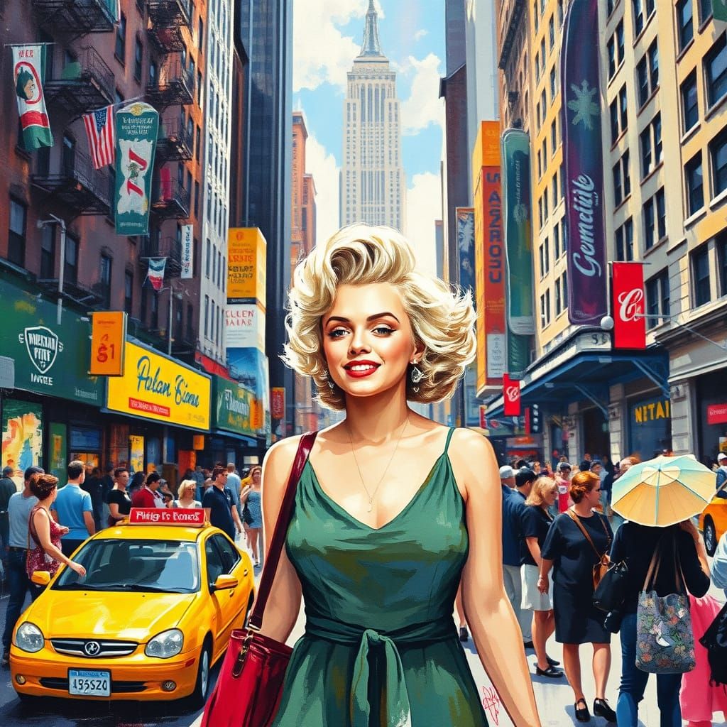 Marylin Monroe in 1950s New York City, in Vibrant Gouache St...