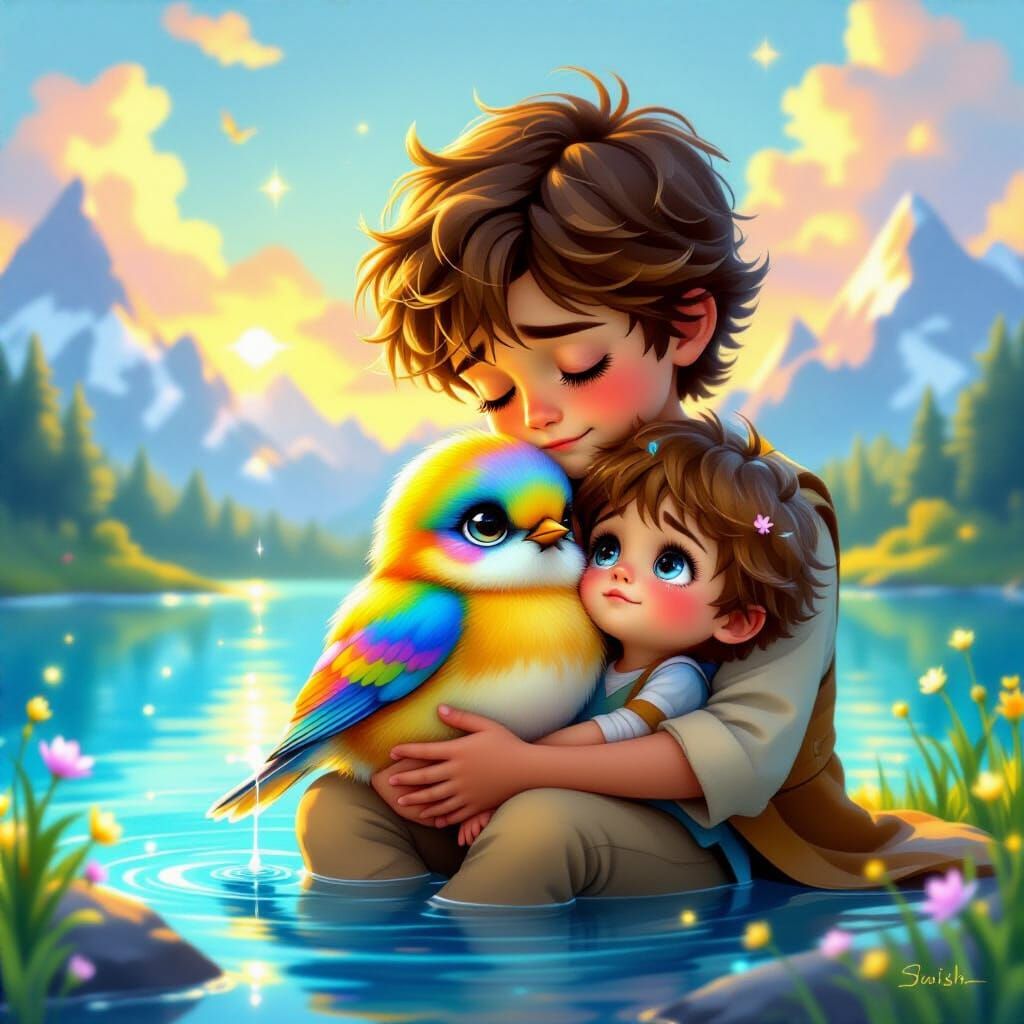 Whimsical Boy Cradles Sorrowful Bird in Magical Landscape