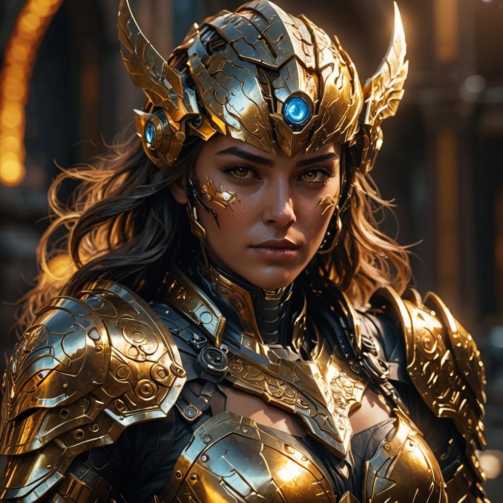 Powerful Woman in Metallic Armor: 3D Digital Art