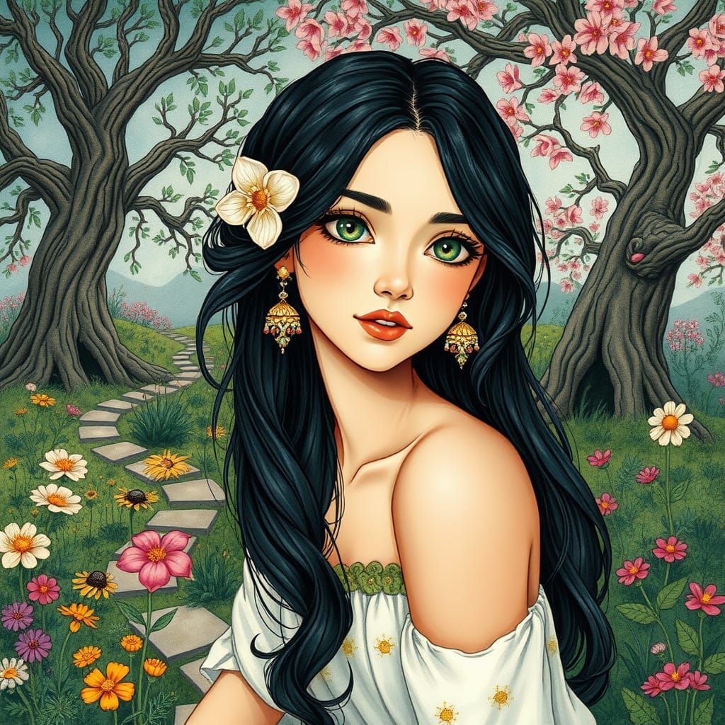 Surreal Garden Scene in Whimsical Storybook Style