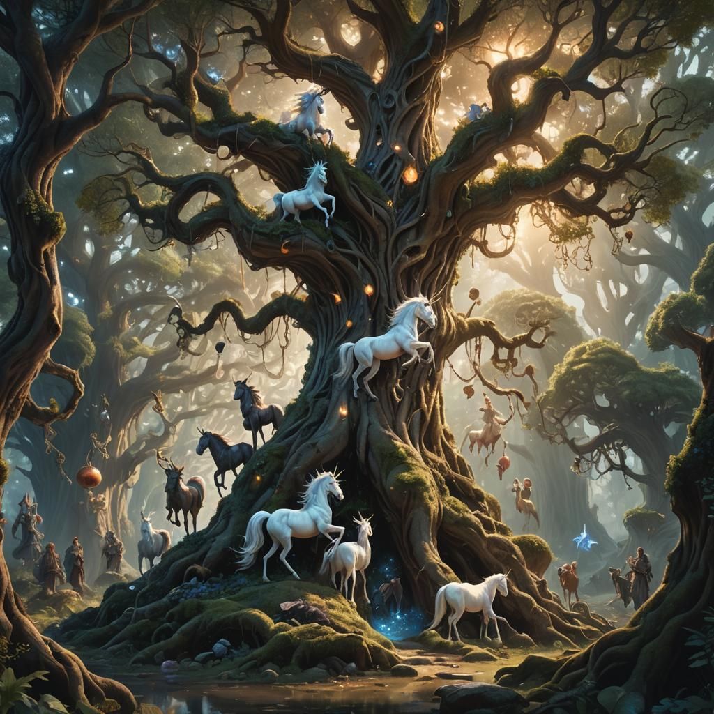 Magical Creatures Gather Around Ancient Tree