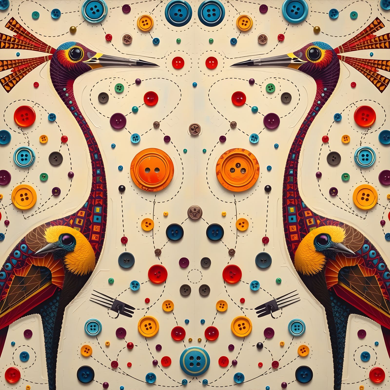 Surrealist Utopia with Vibrant Buttons and Dreamlike Birds
