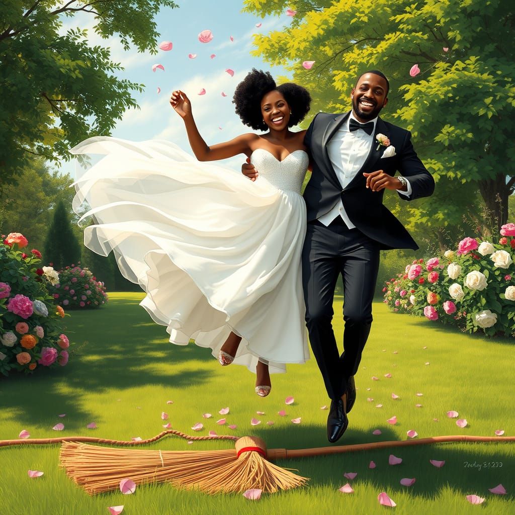 African American Groom and Bride Leap Over a Broom in a Whim...