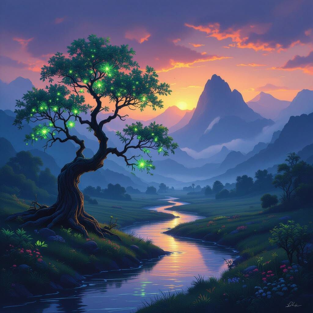 Surreal Twilight Landscape with Glowing Emerald Tree