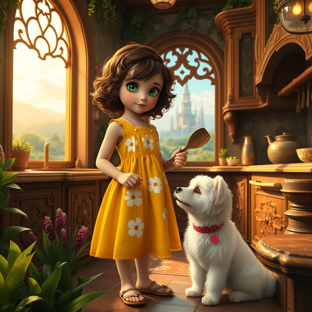 Whimsical Girl Stirs Enchanted Potion in Dreamlike Kitchen