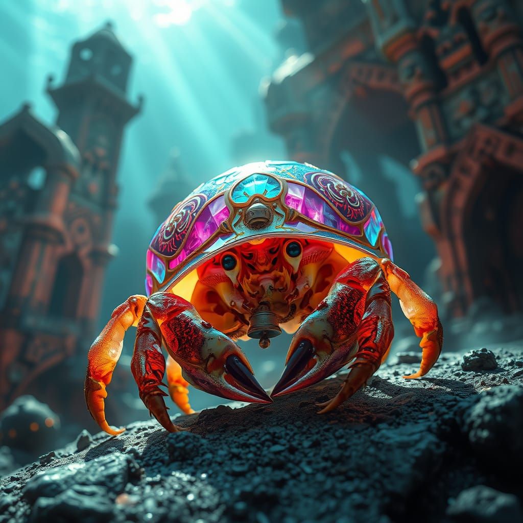 Hermit Crab Exploring Sunken City with Bioluminescent Shell