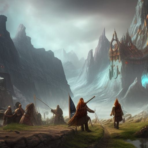 Detailed Matte Painting of Vikings in Fantasy Landscape