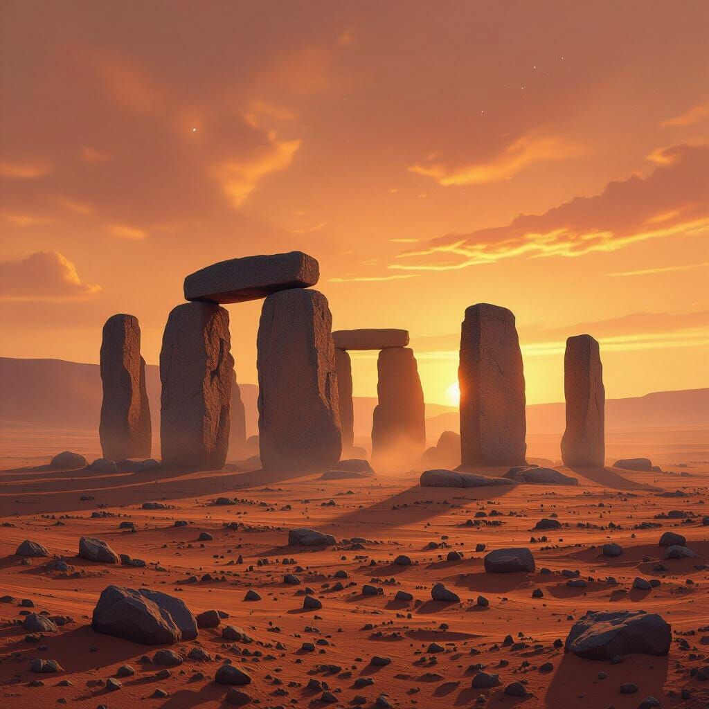 Stonehenge on Mars: Ethereal Sunset Over Ancient Monoliths
