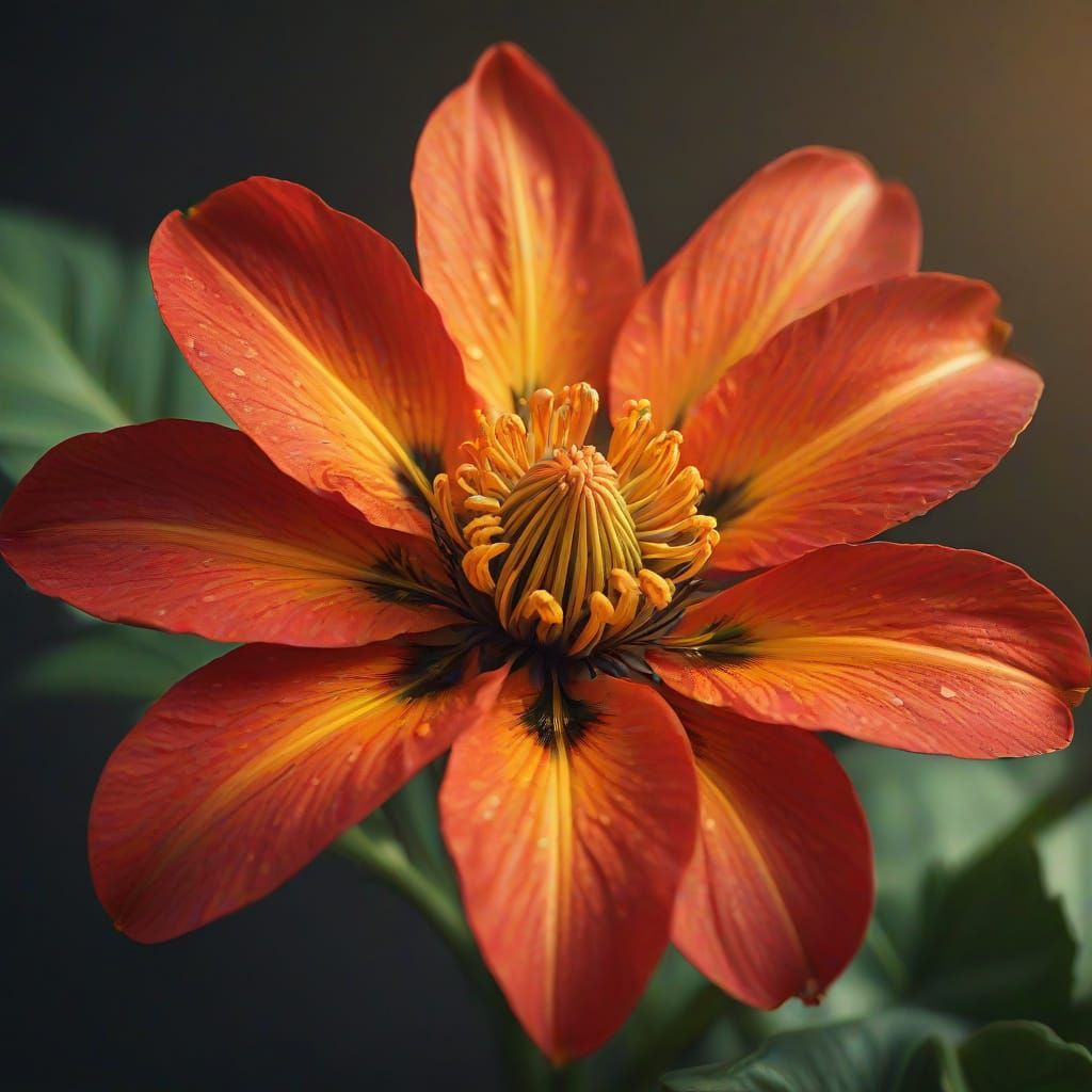 Crimson Flower with Golden Highlights in Vibrant Digital Art...