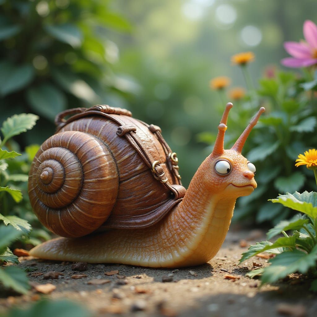 Pixar-Style Snail with Backpack in Lush Garden