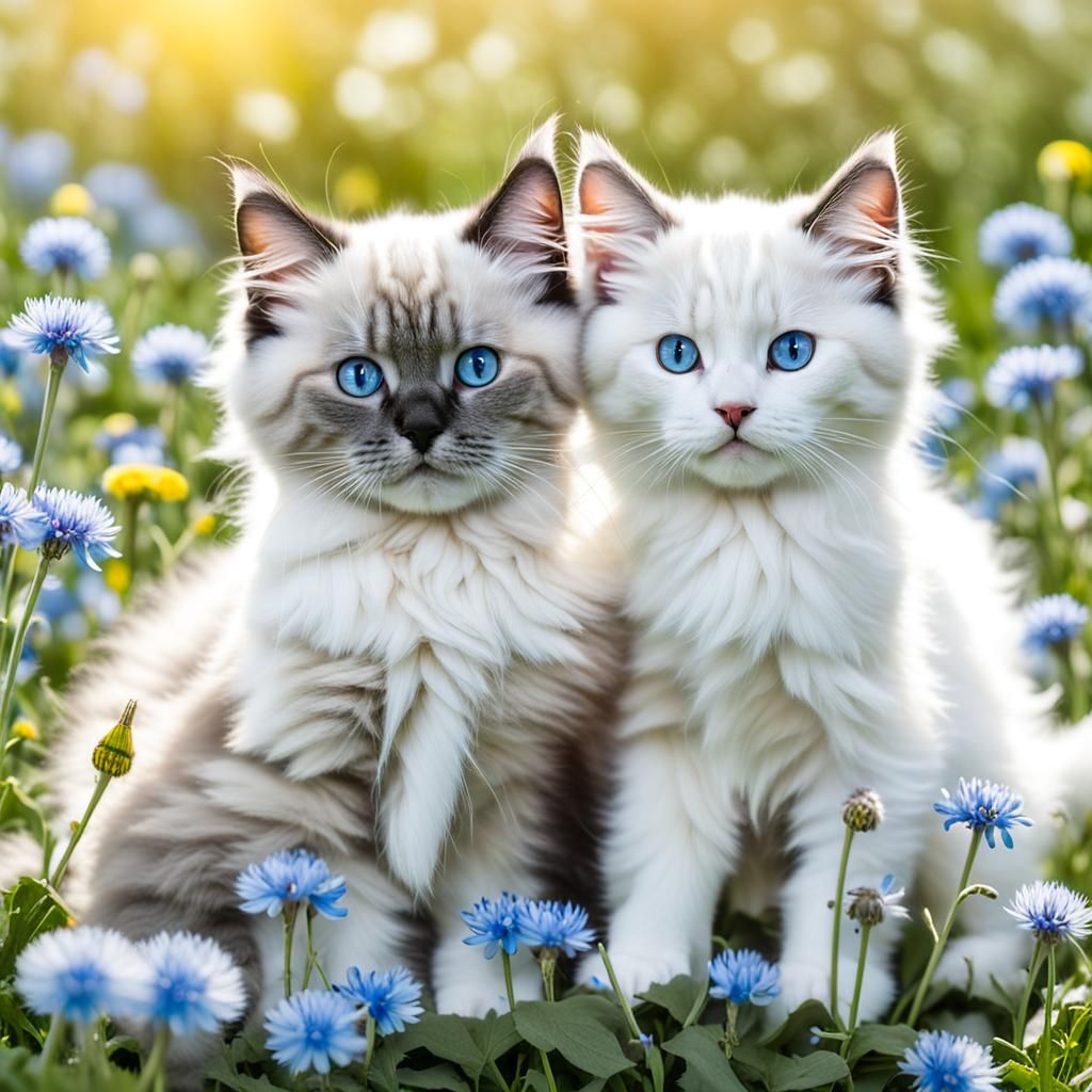 Ragdoll Cats Play in Dandelion Field