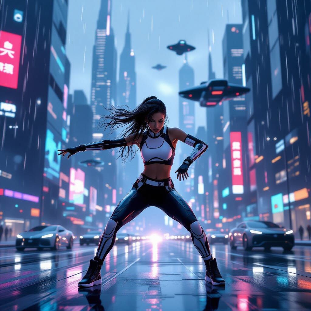 Lone Dancer in Futuristic Cityscape, Hyperrealistic