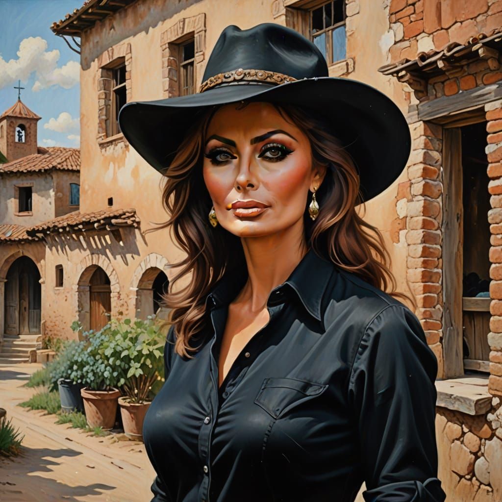 Stunning Woman in Black Cowboy Hat, Impressionist Oil Portra...