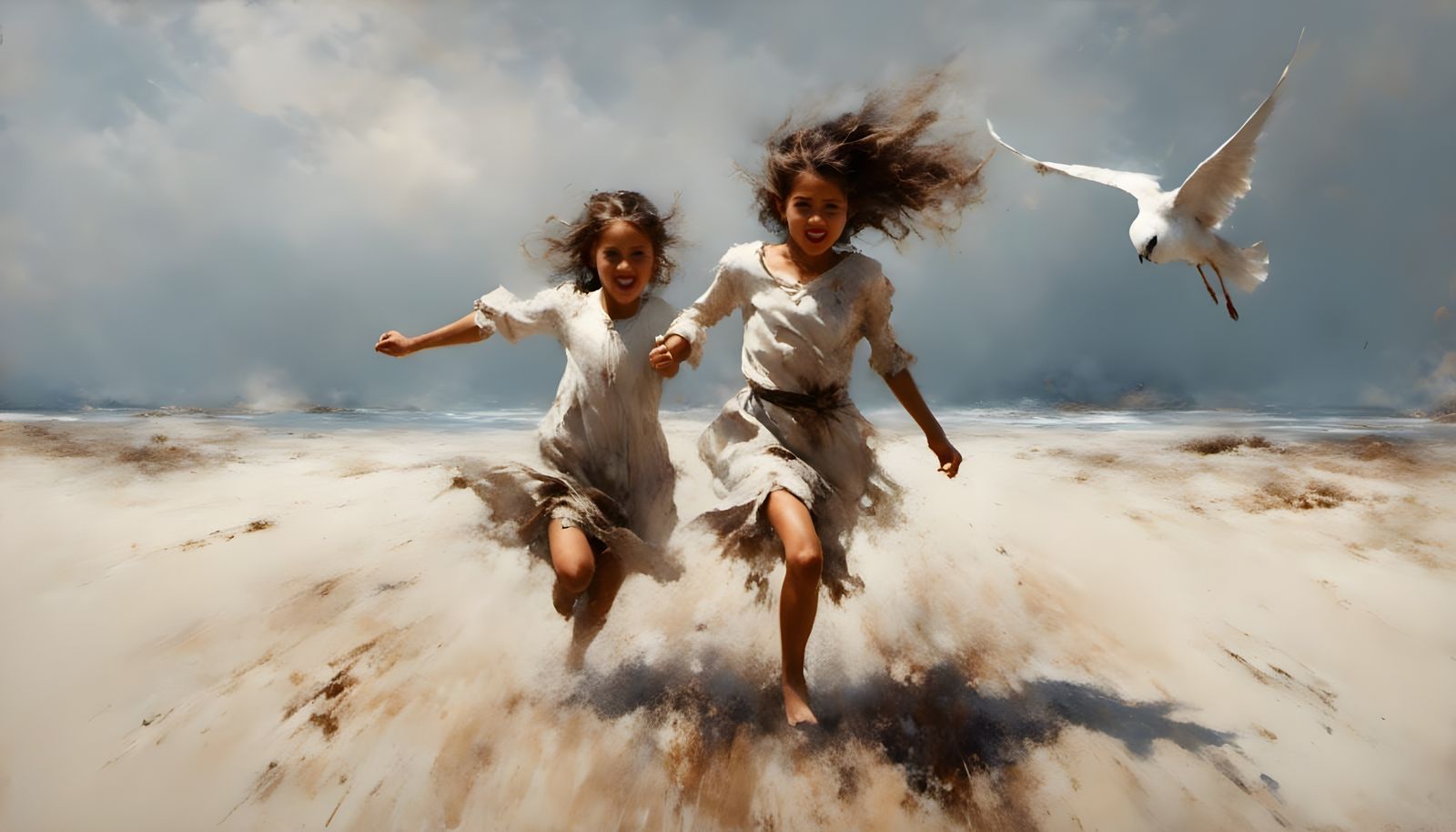 Girl Chasing Seagull on Beach