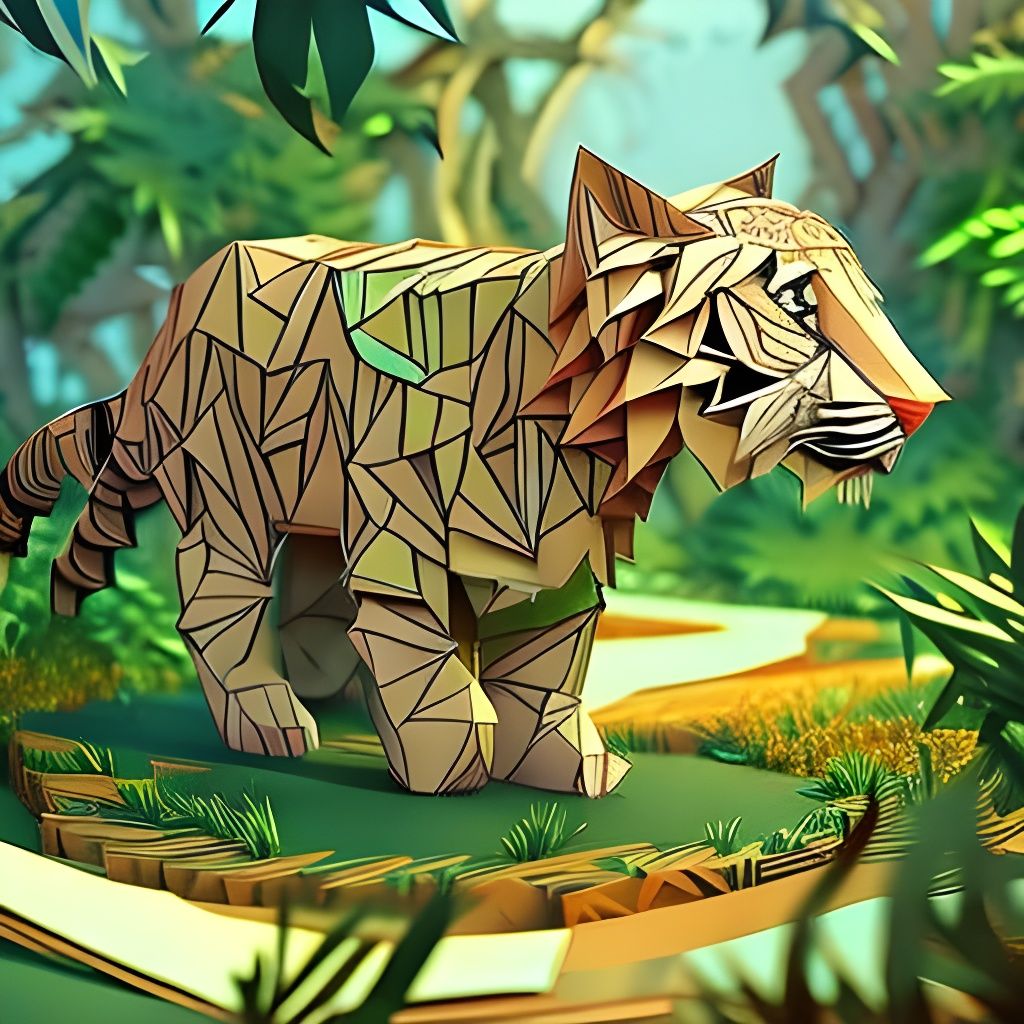 Colorful Origami Tiger in Paper Jungle
