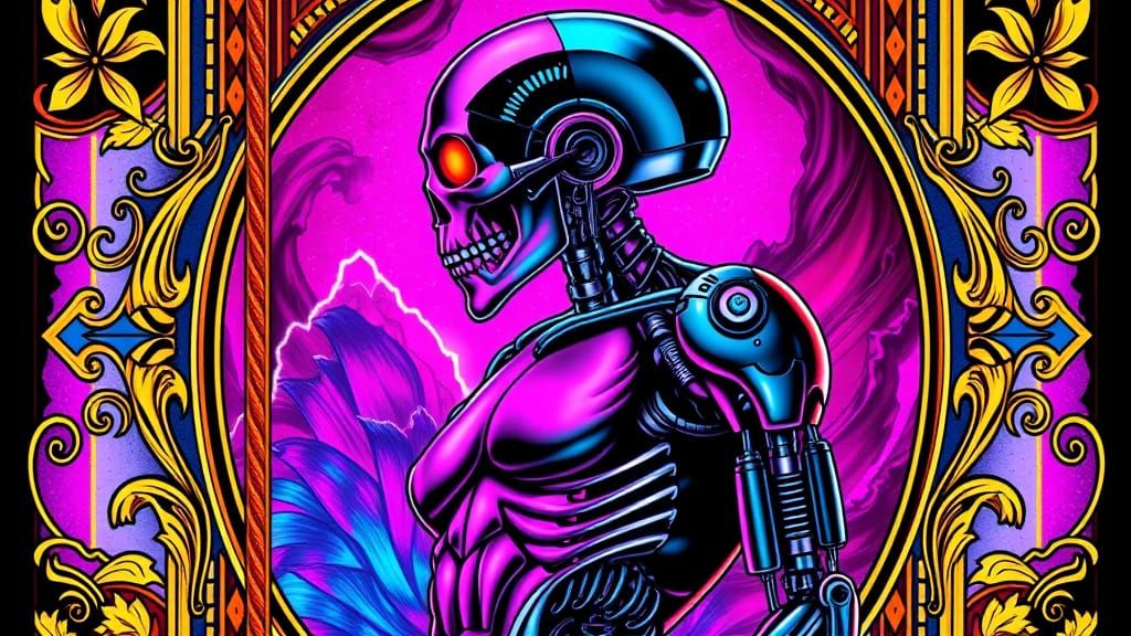 Cyberpunk Tarot Card with Cyborg Skull in Art Nouveau Style
