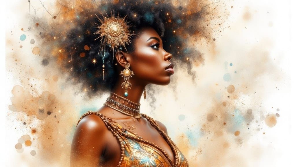 Ethereal Brown Woman in Watercolor Portrait