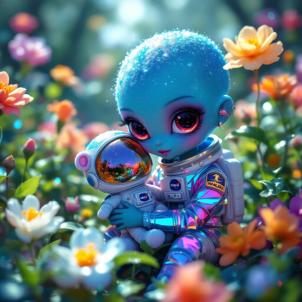 Chibi Alien Girl in Vibrant, Iridescent Garden