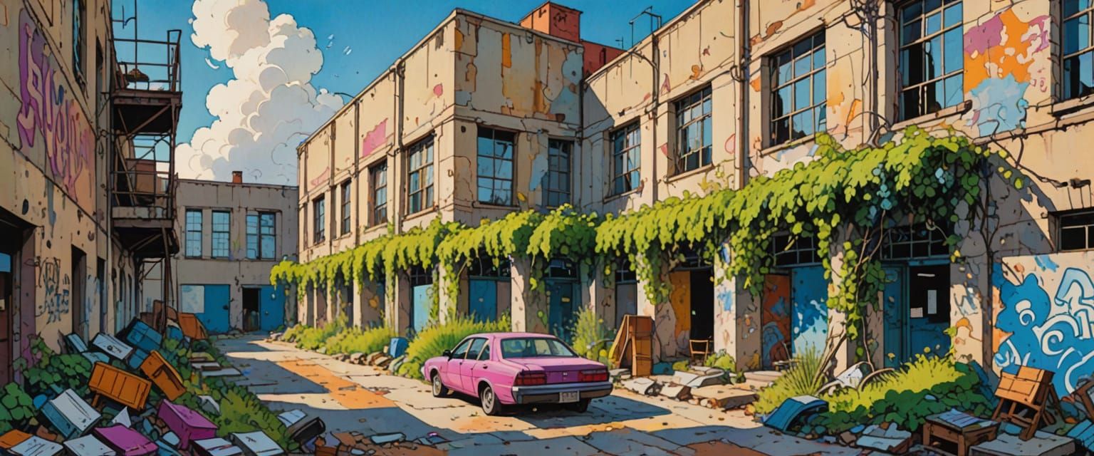 Abandoned Factory in Comic Book Watercolor Style